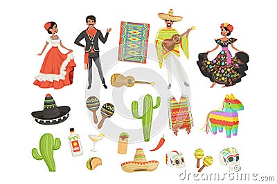 Set of cultural symbols Mexico. Sombrero, cactus, poncho, maracas, taco, pinata, guitar, skull. Hispanic man and woman Vector Illustration