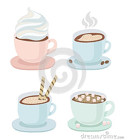 Set of a cup with saucer of hot coffee or chocolate with whipped cream, drawing of heart, wafer, small marshmallow, cookies. Steam Cartoon Illustration