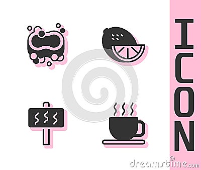 Set Cup of tea, Bar soap, Sauna and Lemon icon. Vector Stock Photo