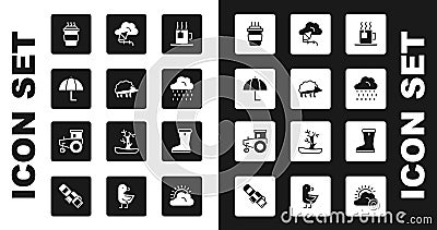 Set Cup of tea with tea bag, Hedgehog, Umbrella, Coffee cup to go, Cloud rain, Kite, Waterproof rubber boot and Tractor Vector Illustration