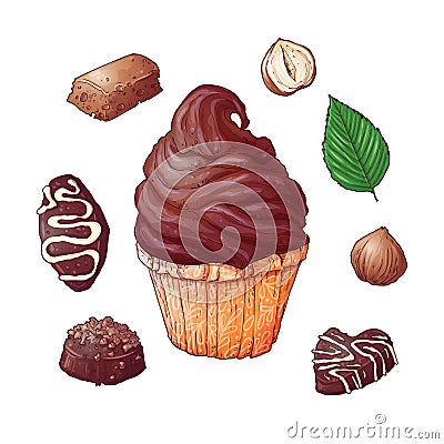 Set of cupcakes chocolates end nuts, hand drawing. Vector Vector Illustration