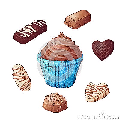 Set of cupcakes chocolates, hand drawing. Vector Vector Illustration