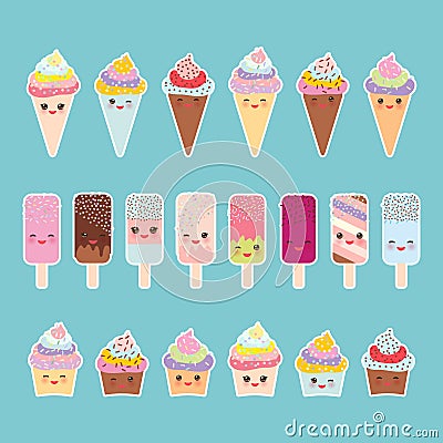 Set cupcakes with cream, ice cream in waffle cones, ice lolly Kawaii with pink cheeks Vector Illustration