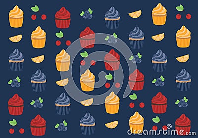 Set of cupcakes of different colors and flavors vector illustration holiday sweets pattern texture Vector Illustration