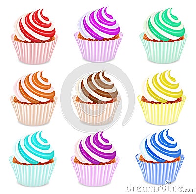 Set of cupcakes with fruit cream Vector Illustration