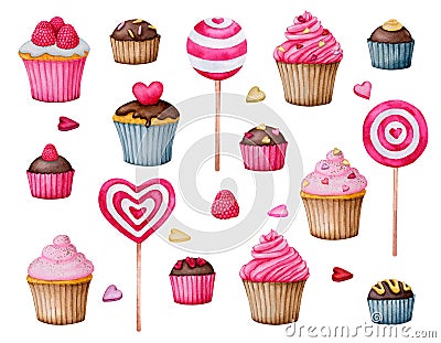 A set of cupcakes and sweets. Collection of watercolor elements Stock Photo