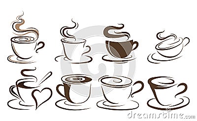 Set of cups of coffee. Collection of stylized coffee cups. Vector illustration of hot drinks. Logos for coffee shops. Vector Illustration