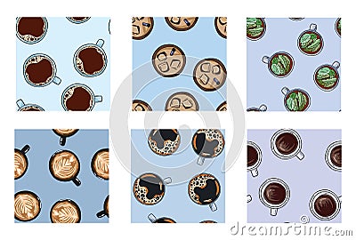 Set of cups of coffee and tea yummy drinks cute seamless patterns in pastel colors. Texture background tile Vector Illustration