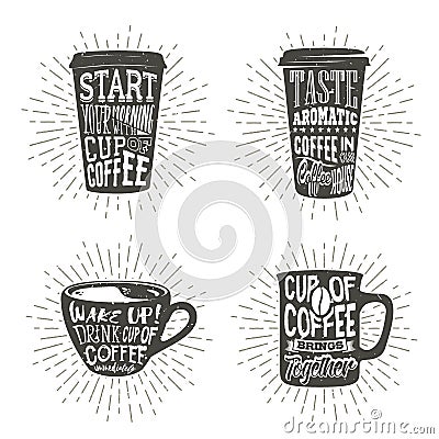 Set of cups silhouette with lettering and sunburst. Vector Illustration