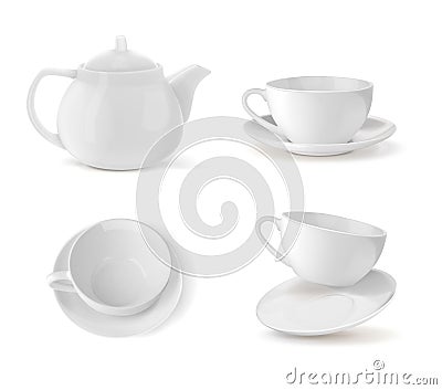 Set cups and teapot in white, different positions. Cartoon Illustration