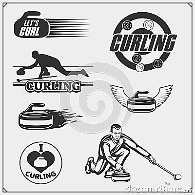 Set of curling labels, emblems and design elements. Vector Illustration