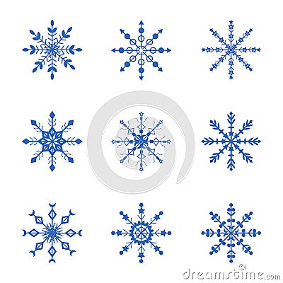 Set of curly blue snowflakes on a white background. Snowflakes for winter design. Vector Illustration