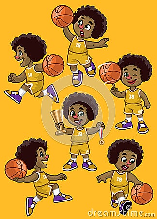 Set of curly haired black boy basketball player Vector Illustration