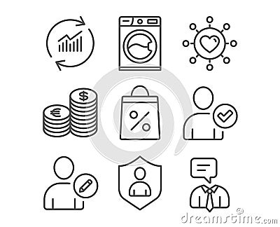 Currency, Edit user and Washing machine icons. Dating network, Security and Shopping bag signs. Vector Illustration