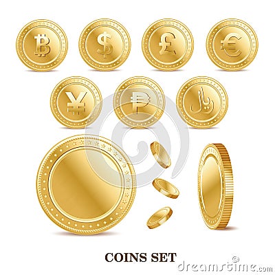 Set of the currency golden isolated finance coin icons Vector Illustration