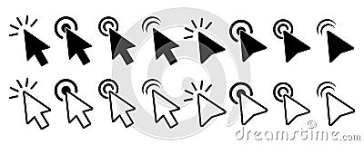 Computer mouse click - black icon. Click here, touch, press, push in computer cursor. Internet pointer, web sign Vector Illustration