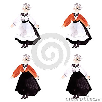 Set of curvy plump smiling cheerful middle-aged woman with gray curls in casual old-fashioned clothes. Watercolor hand Cartoon Illustration