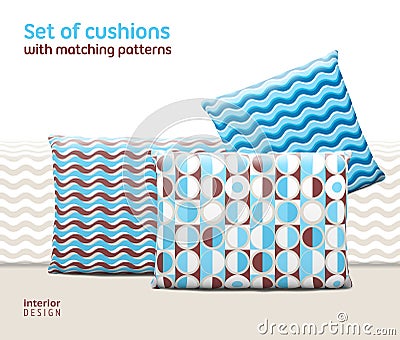 Set of cushions and pillows with matching seamless patterns Vector Illustration