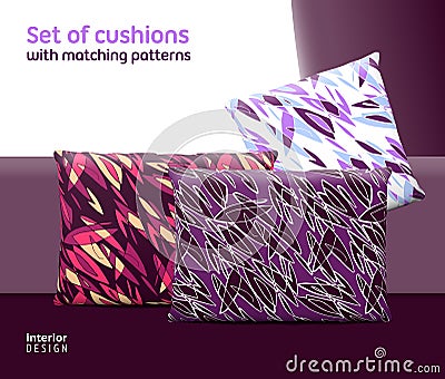 Set of cushions and pillows with matching seamless patterns Vector Illustration