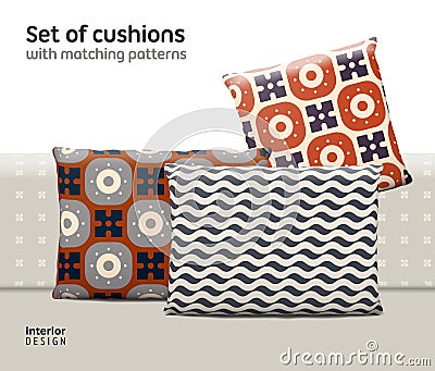 Set of cushions and pillows with matching seamless patterns Vector Illustration