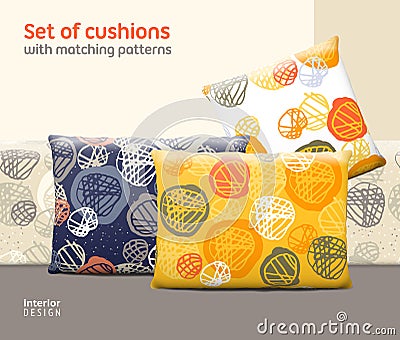Set of cushions and pillows with matching seamless patterns Vector Illustration