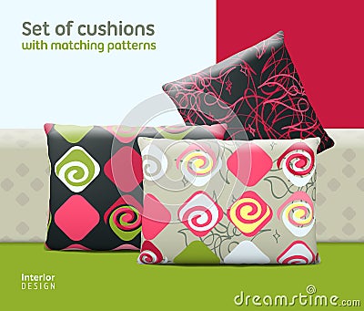 Set of cushions and pillows with matching seamless patterns Vector Illustration