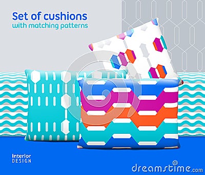 Set of cushions and pillows with matching seamless patterns Vector Illustration