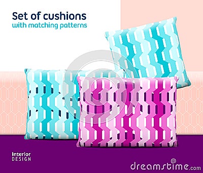 Set of cushions and pillows with matching seamless patterns Vector Illustration