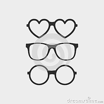 Set of custom glasses icons. Modern fashion glasses in flat style. Hipster sunglasses isolated on gray background Stock Photo