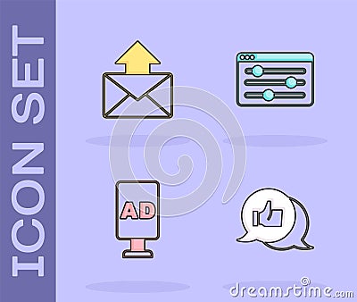 Set Customer product rating, Mail and e-mail, Advertising and Browser setting icon. Vector Stock Photo