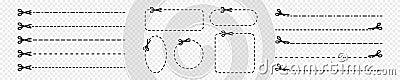 Set of cut here icons. Scissors pictograms with dashed lines and square, circle, oval, rectangle frames isolated on Vector Illustration