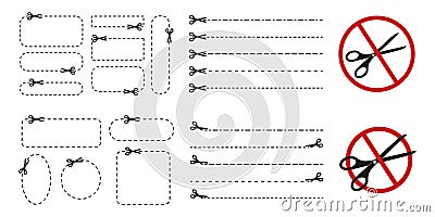 Set of cut here icons. Scissors pictograms with dotted lines and square, circle, oval, rectangle frames and scissors Vector Illustration