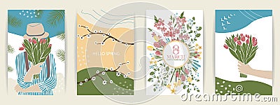 Set of cute abstract illustrations people and spring. Girls with bouquets of flowers, March 8 and spring mood. Vector poster, Vector Illustration