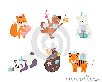 Set of cute adorable animals celebrating birthday set. Amusing fox, puppy, bear, panda, hedgehog, tiger at party hats Vector Illustration