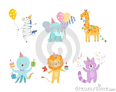 Set of cute adorable animals celebrating birthday set. Amusing zebra, elephant, giraffe, octopus, lion, cat at party Cartoon Illustration