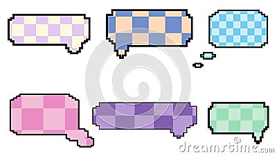 set of cute aesthetic pixel speech bubble, conversation box, chat box, speak balloon, thinking bubble checkerboard, checkered, Stock Photo