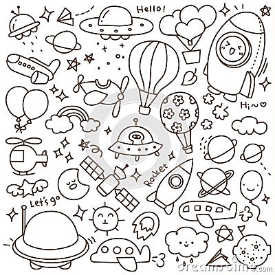 Set of Cute Air Transportation and Other Flying Objects Doodle Vector Illustration