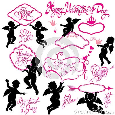 Set of cute angels, Calligraphic text Happy Valentine`s Day Vector Illustration