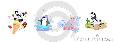 Set of cute animal character with panda, penguin, hippotamus and zebra, coloring page Cartoon Illustration