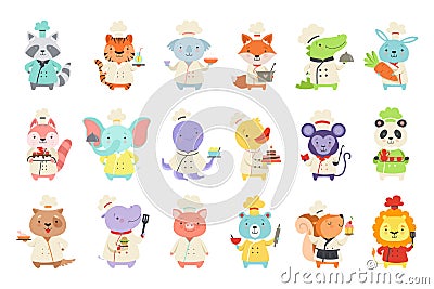 Set of Cute Animal Characters in Chef Uniform Cooking Tasty Dishes Cartoon Vector Illustration Vector Illustration