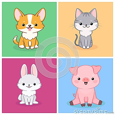 Set of cute animal characters on multicolored background Vector Illustration