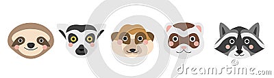 A set of cute animal faces. Sloth lemur meerkat ferret and raccoon. Vector flat image on a white background Stock Photo