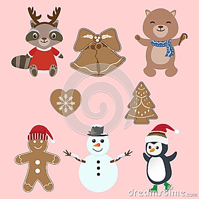 Set of cute animal, gingerbread cartoon christmas character illustration Vector Illustration