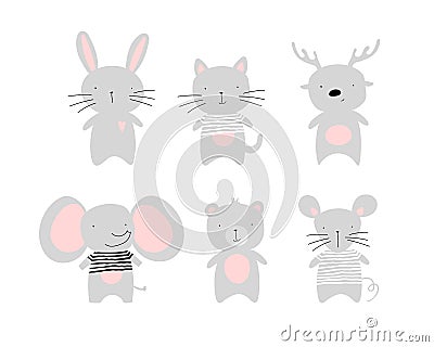 Set of cute animal kids. Elephant, bunny, mouse, deer, cat, bear. Characters for postcards, children s, children s Vector Illustration