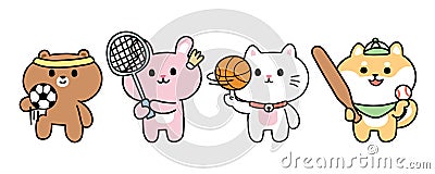 Set of cute animal in sport concept on white background.Wild and pet animals cartoon Vector Illustration