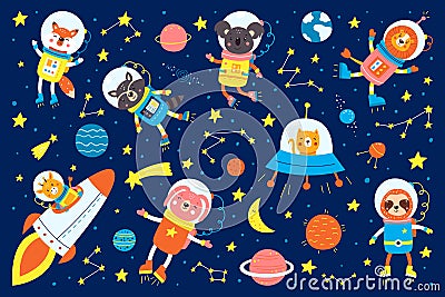 Set of cute animals astronauts, rockets, satellite, UFO, stars in space, vector illustrations in cartoon style. Cartoon Illustration