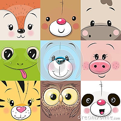 Set of Cute animals faces Vector Illustration