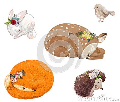 Set of cute animals with floral wreath Stock Photo