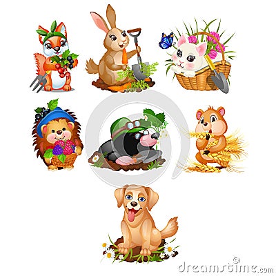 Set of cute animals and harvest ripe vegetables and fruits isolated on white background. Vector cartoon close-up Vector Illustration