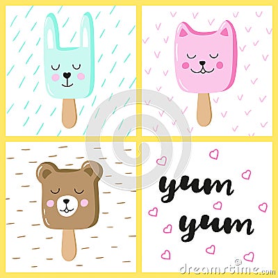 Set of cute animals ice cream Eskimo. Hand-written inscription yum-yum. Vector Illustration